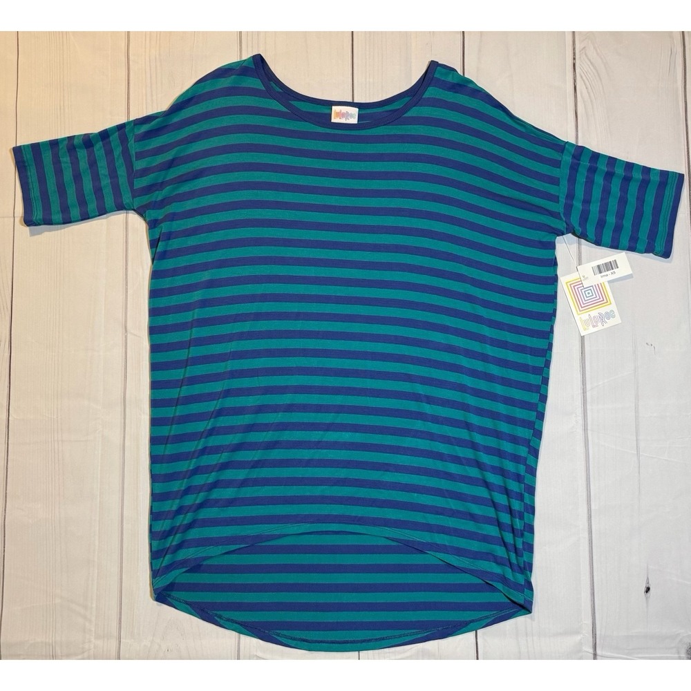 LuLaRoe Irma Tunic Womens Size XS Blue & Teal Striped High-Low Hem Stretch